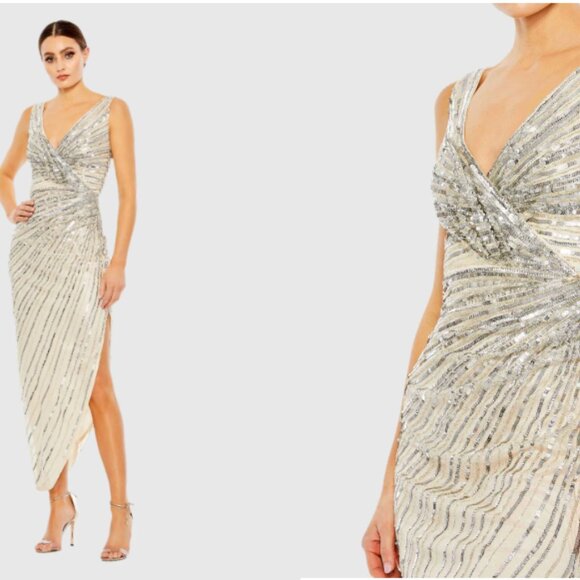 MAC DUGGAL 5757 SILVER SEQUINED FAUW WRAP SLEEVELESS MIDI DRESS GOWN sz  2 - Picture 1 of 5